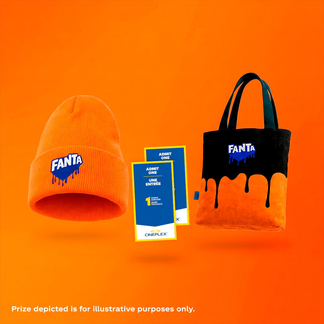 A Fanta beanie, tote bag, and two Cineplex movie tickets displayed as promotional giveaway prizes on an orange background.