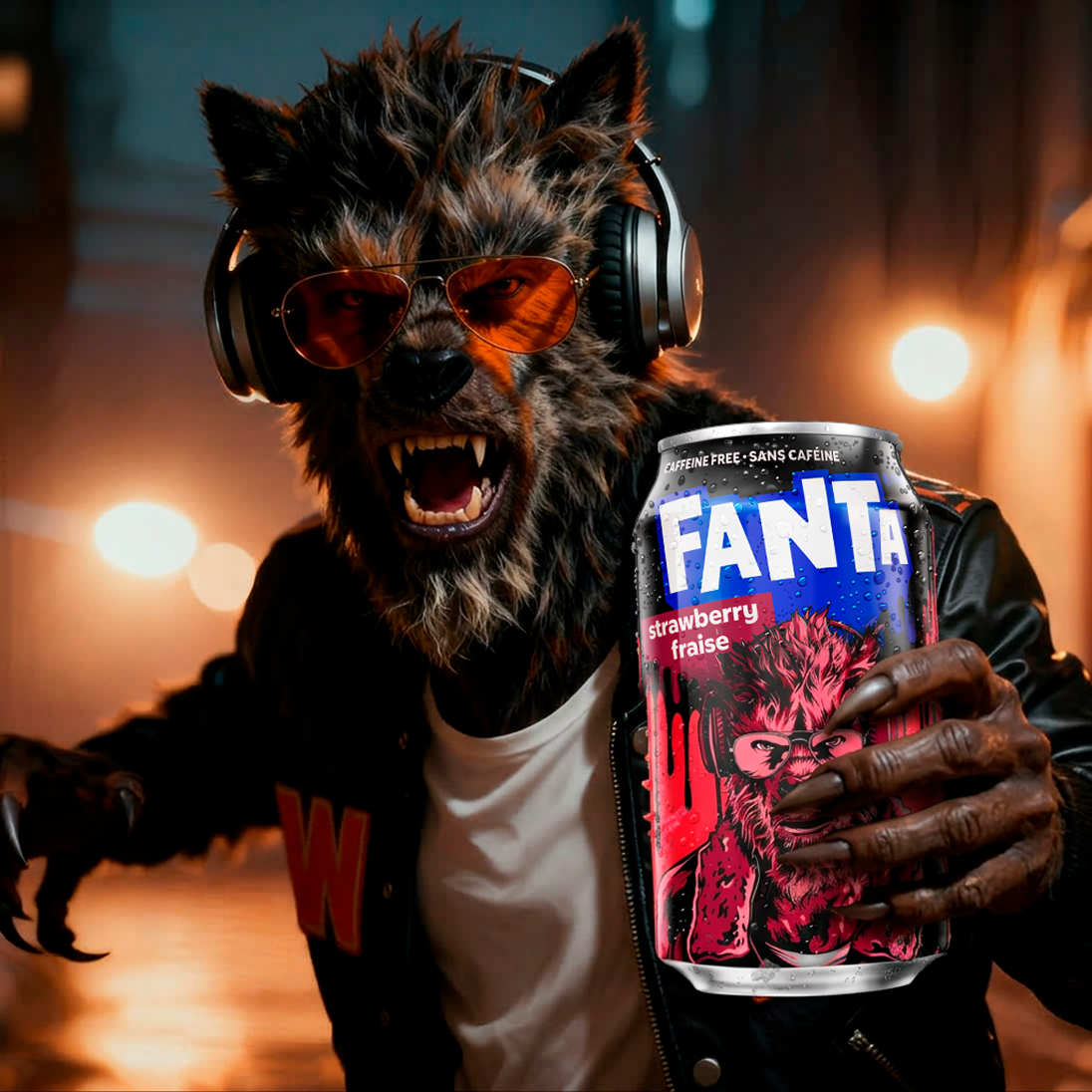 The Howlie character surrounded by neon lights and moonlit atmosphere holding a Howlie Fanta can