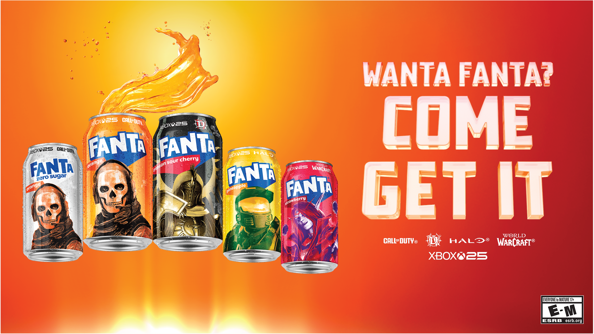 The Fanta Xbox collection includes cans featuring characters from Forza Horizon 6, Call of Duty, Diablo IV, Halo and World of Warcraft. Text reads: "Wanta Fanta? Come get it."