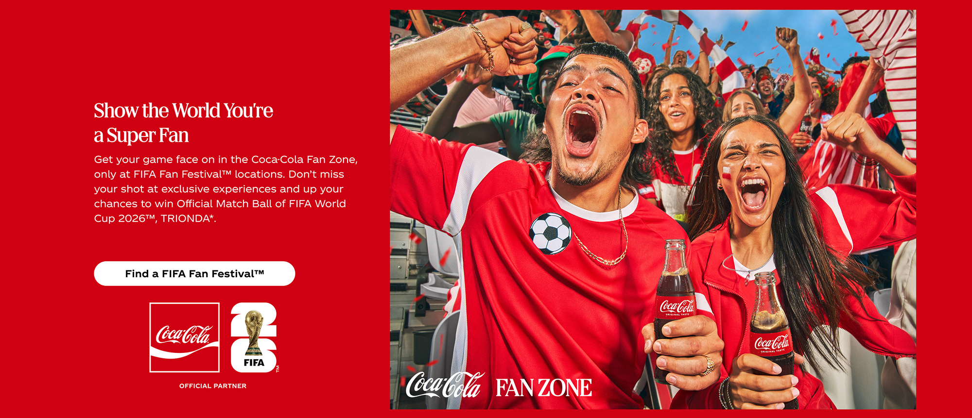 Coca-Cola Fan Zone hero showing soccer fans in red jerseys celebrating with Coke bottles beside copy about FIFA Fan Festival.