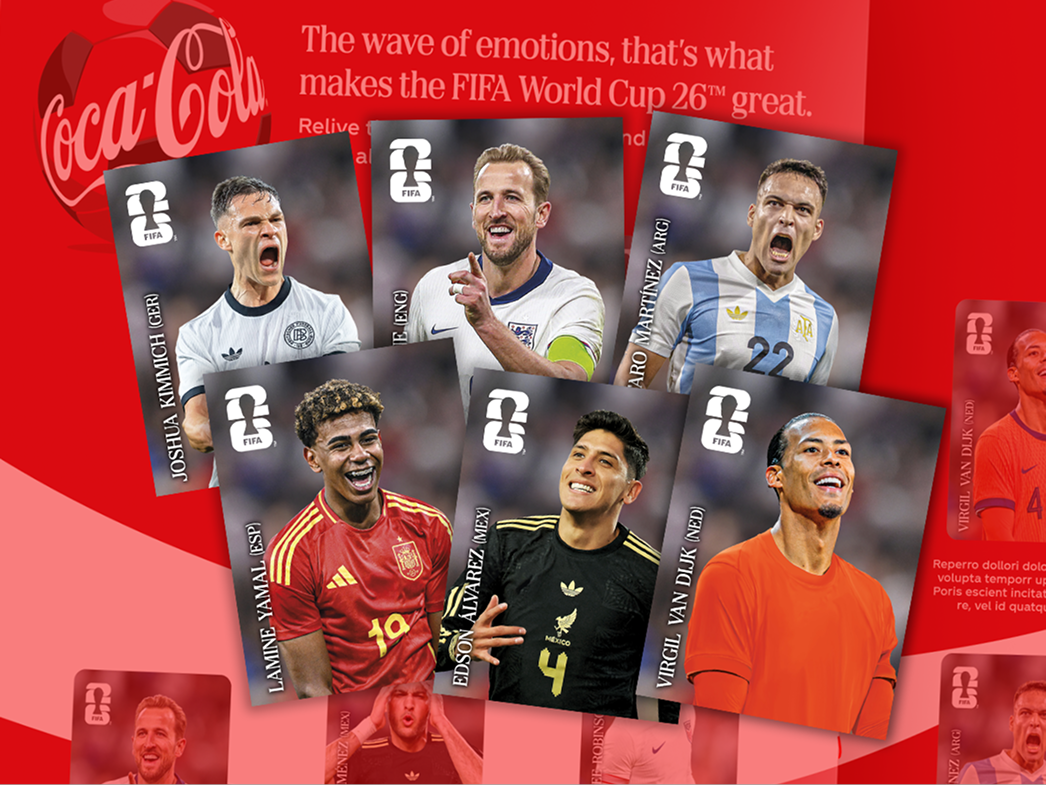 FIFA World Cup 26 digital player cards fanned out on red Coca-Cola background promoting Panini-style profile collectibles.