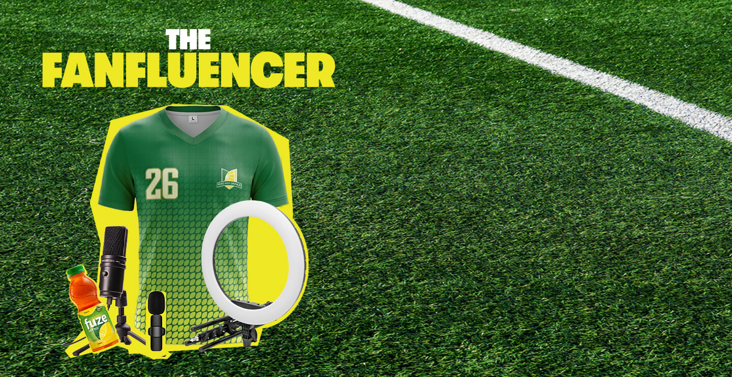 Fuzeballer The Fanfluencer prize kit with green jersey, ring light, microphones and Fuze iced tea bottle on soccer pitch.