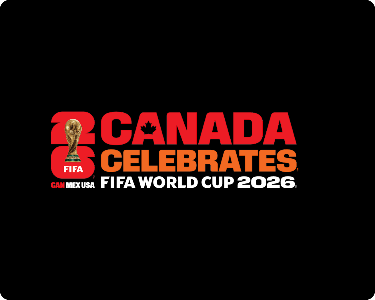 Canada Celebrates FIFA World Cup 2026 campaign logo with World Cup trophy on black background desktop banner