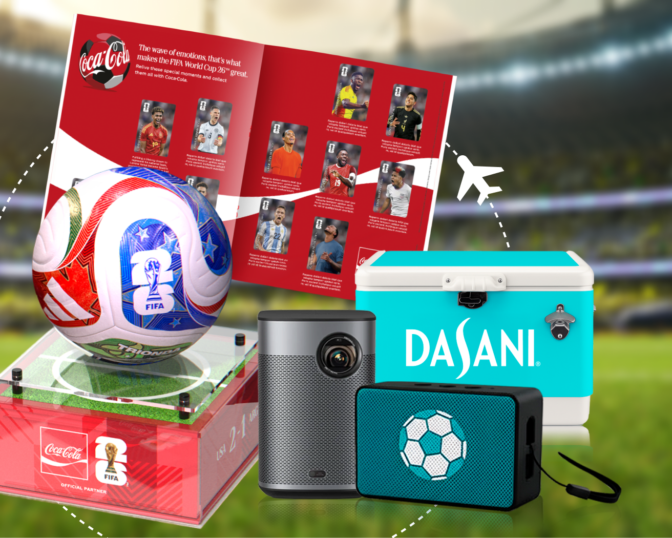 Coca‑Cola FIFA Prize Locker hero showing match ball trophy, Panini album, DASANI cooler, projector and teal speaker on stadium field.