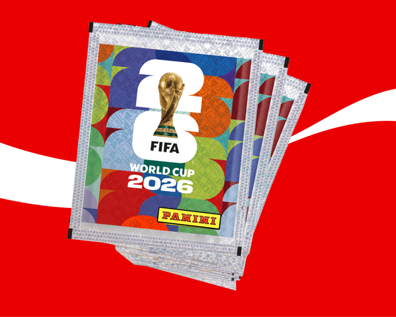 Stack of FIFA World Cup 26 Panini sticker packs fanned out on bold red Coca‑Cola background.