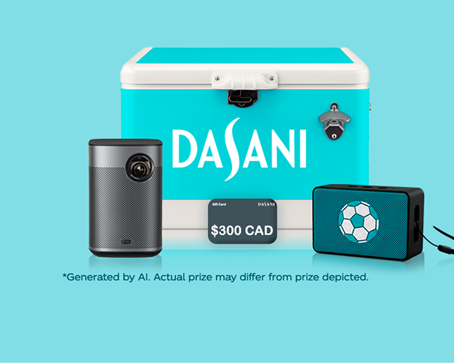 DASANI FIFA Prize Locker Canadian grand prize with turquoise cooler, projector, teal speaker and $300 CAD gift card on aqua background.
