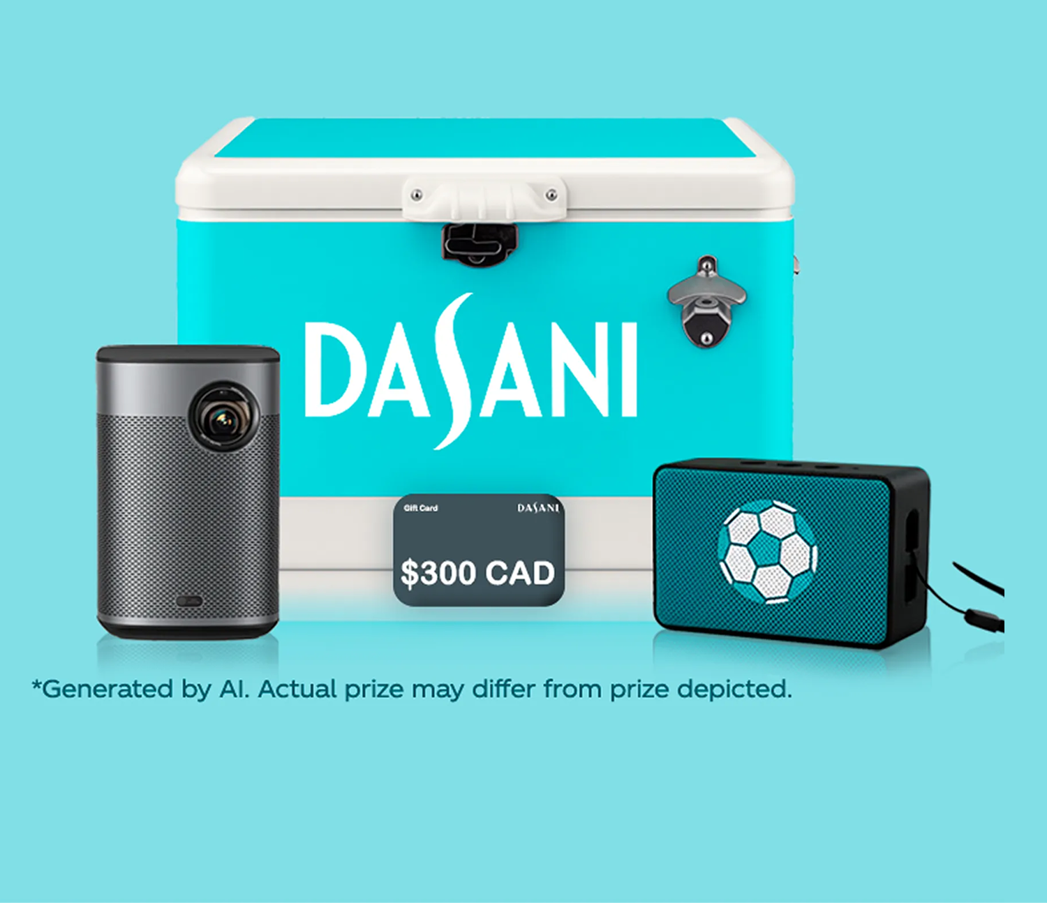 DASANI FIFA Prize Locker Canadian grand prize with turquoise cooler, projector, teal speaker and $300 CAD gift card on aqua background.