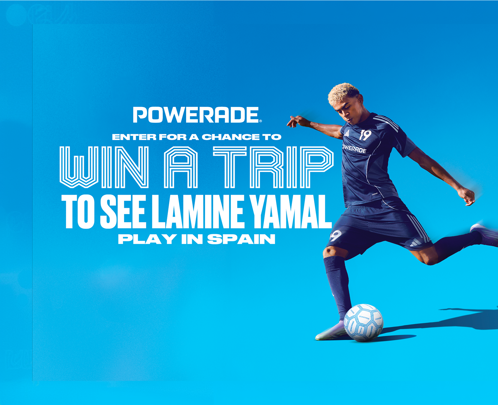 Powerade House of Legends sweepstakes banner featuring soccer player in navy kit kicking ball with win a trip headline on blue background.