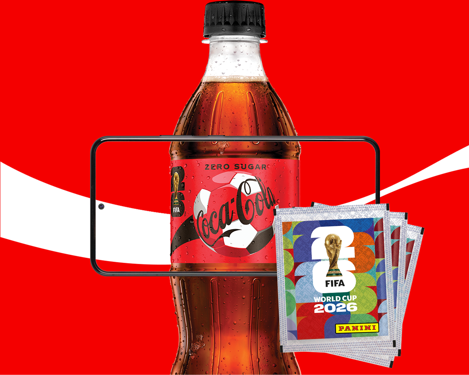 Close-up of a Coca-Cola Zero Sugar bottle with a stack of FIFA World Cup 2026 Panini stickers