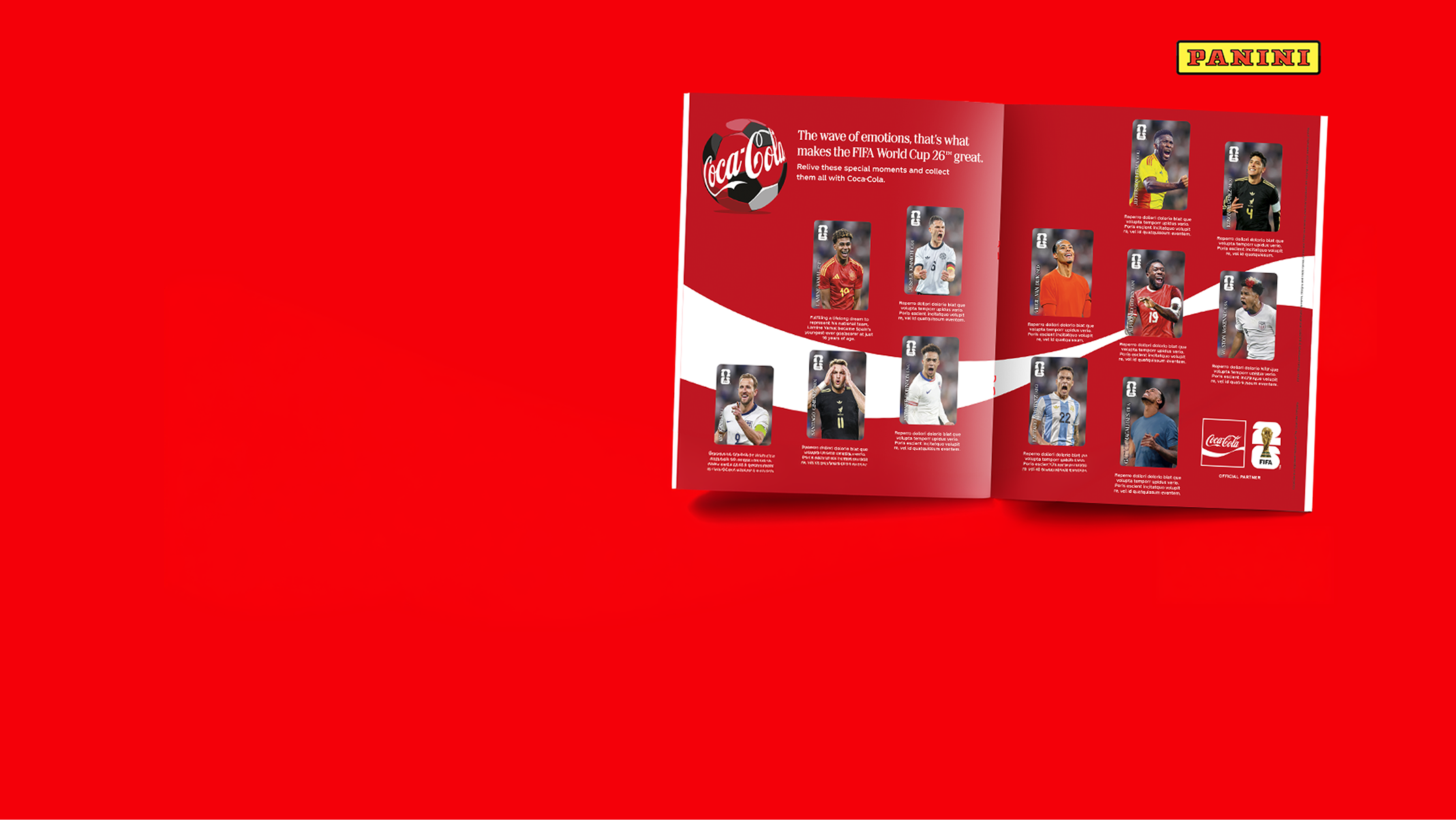 Red Coca-Cola book revealing the 12 collectible FIFA Panini stickers