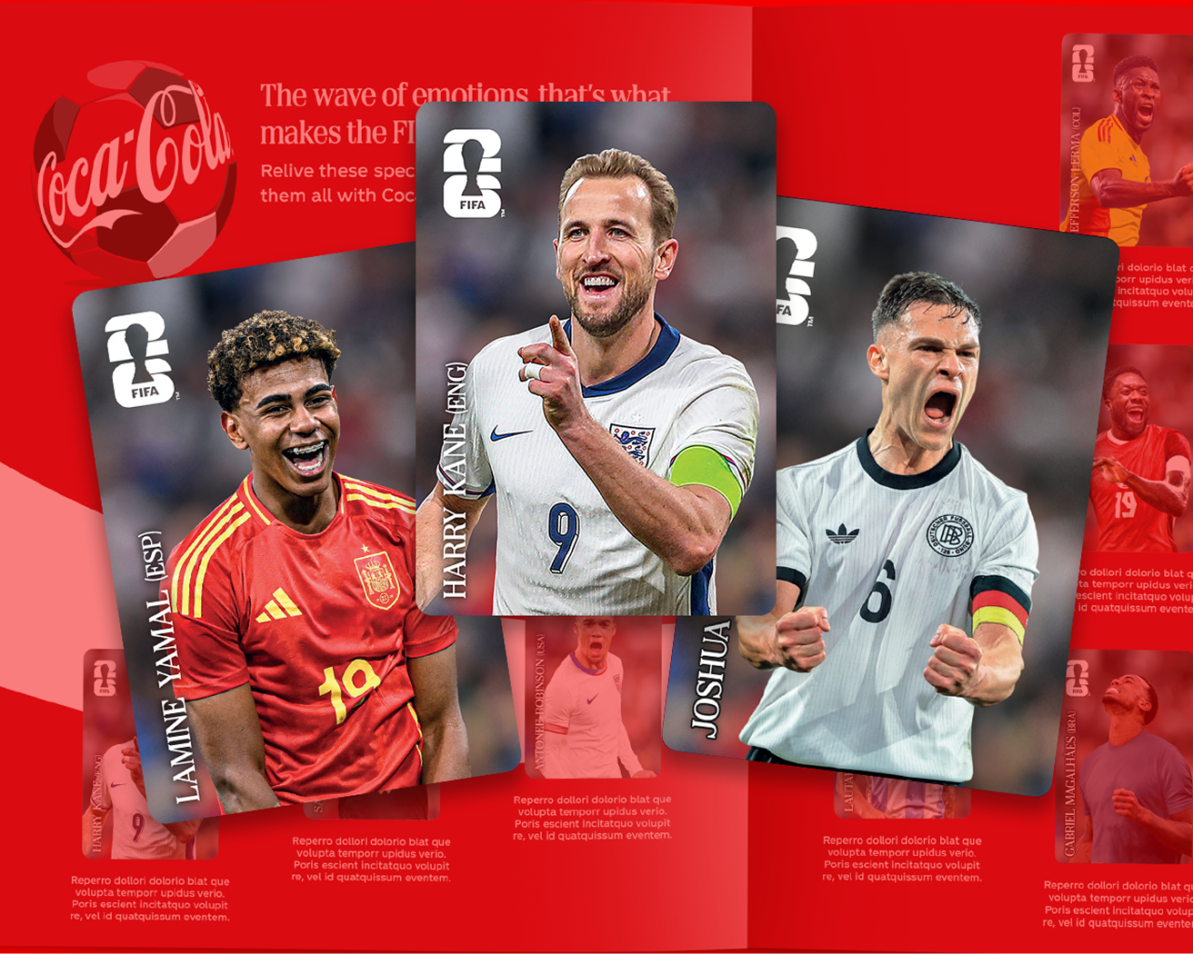 Three different Panini stickers of FIFA players Lamine Yamal, Harry Kane, and Joshua Kimmich