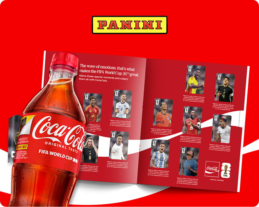 Coca-Cola bottle with a peelable Panini FIFA World Cup 2026 themed label