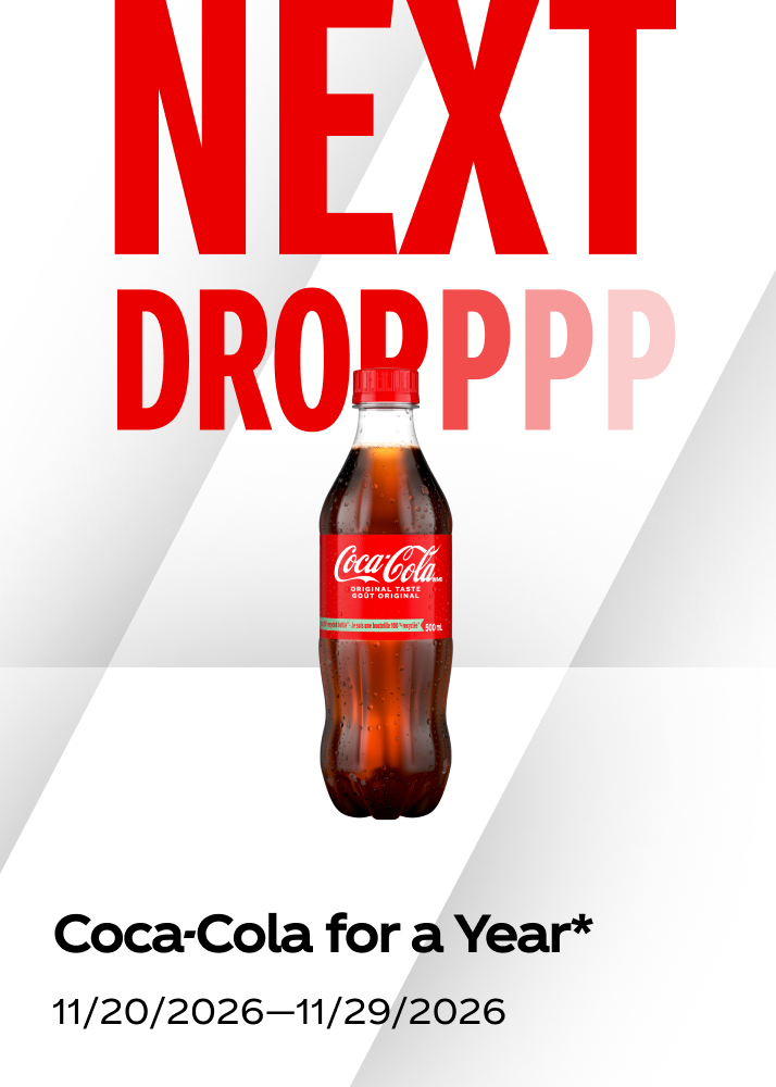 Upcoming Coca-Cola promo drop tile offering Coca-Cola for a year, available November 20 through November 29.
