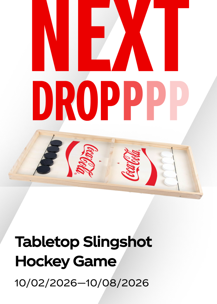 Upcoming Coca-Cola promo drop tile featuring a tabletop slingshot hockey game, available October 2 through October 8.