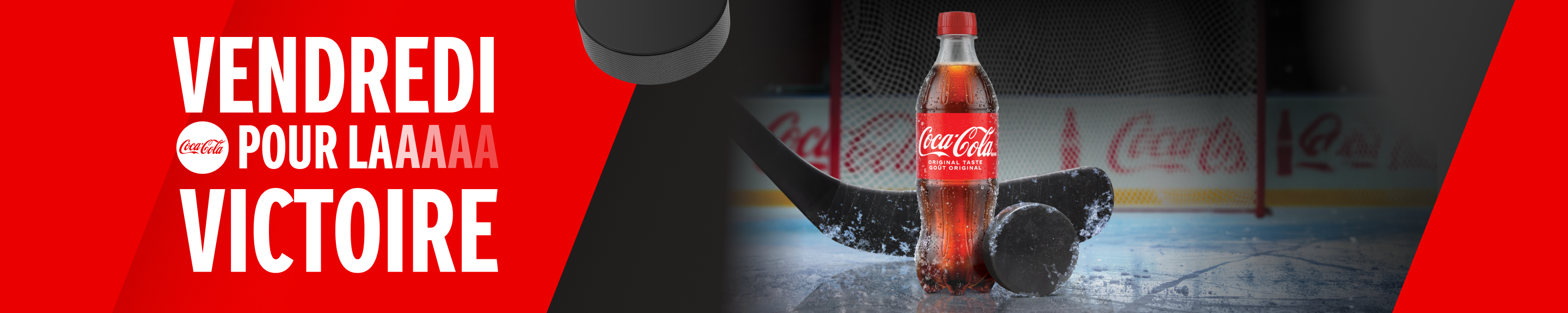 Bannière de hockey Coca-Cola avec une bouteille sur la glace et le texte Vendredi pour la victoire.