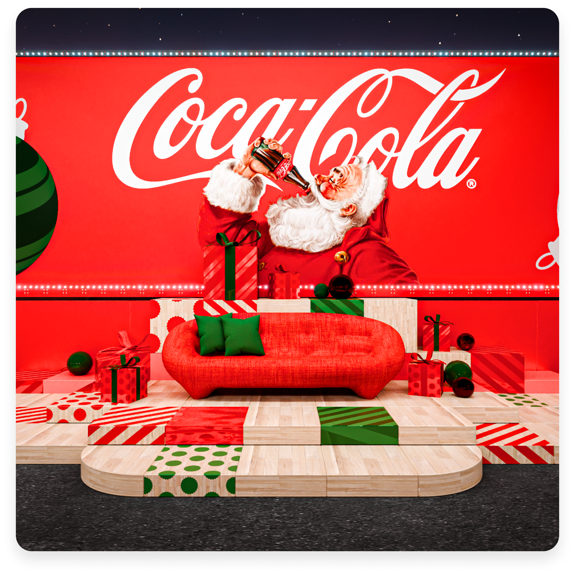 Illustrated Santa in fur lined robe drinking glass bottle of Coca-Cola behind a holiday chair and decorations
