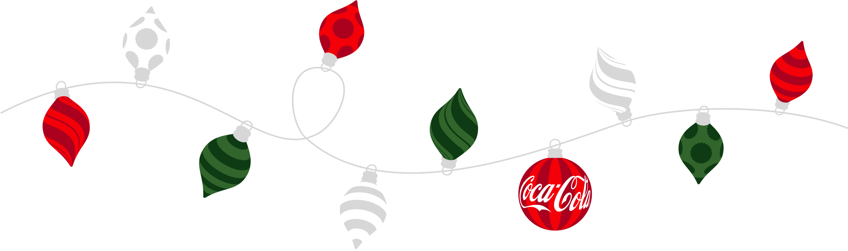 A vibrant string of Christmas lights featuring various red, green, and white holiday ornaments, including a distinctive red Coca-Cola branded spherical ornament.