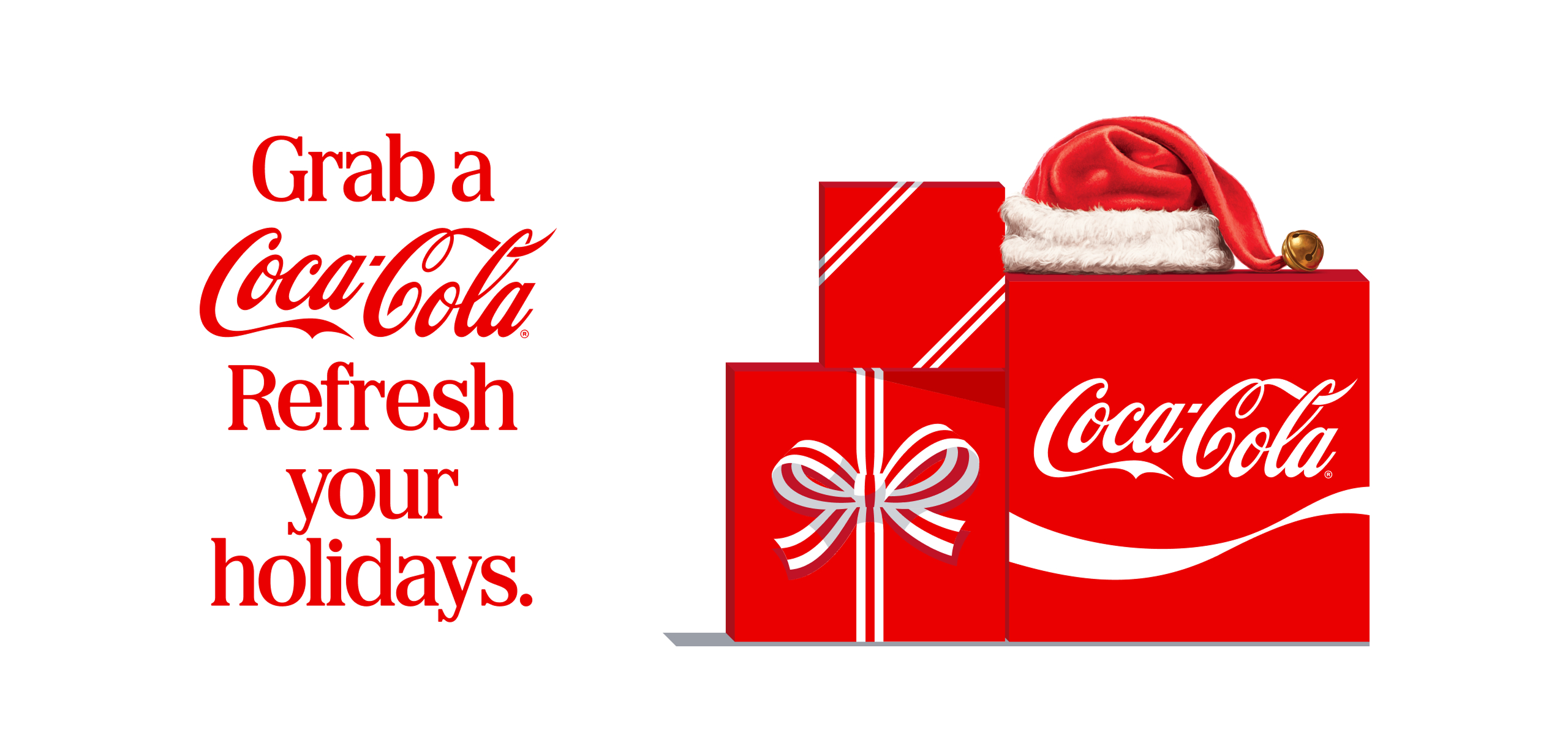 A holiday advertisement on a white background with red text reading "Grab a Coca-Cola. Refresh your holidays." Beside it sits a stack of three red gift boxes, one with a striped bow and one bearing the Coca-Cola logo, topped with a Santa hat.