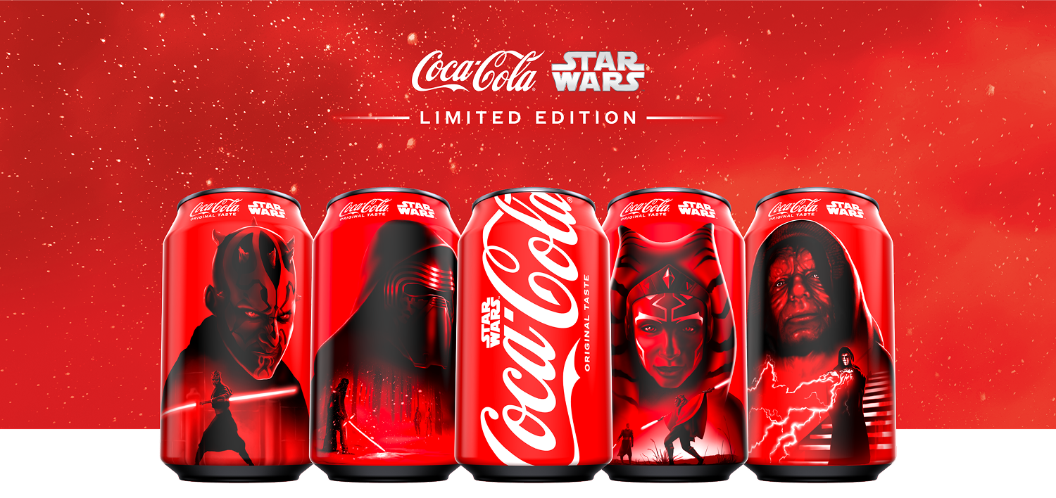 Five limited edition Coca-Cola cans with various Star Wars themes and characters