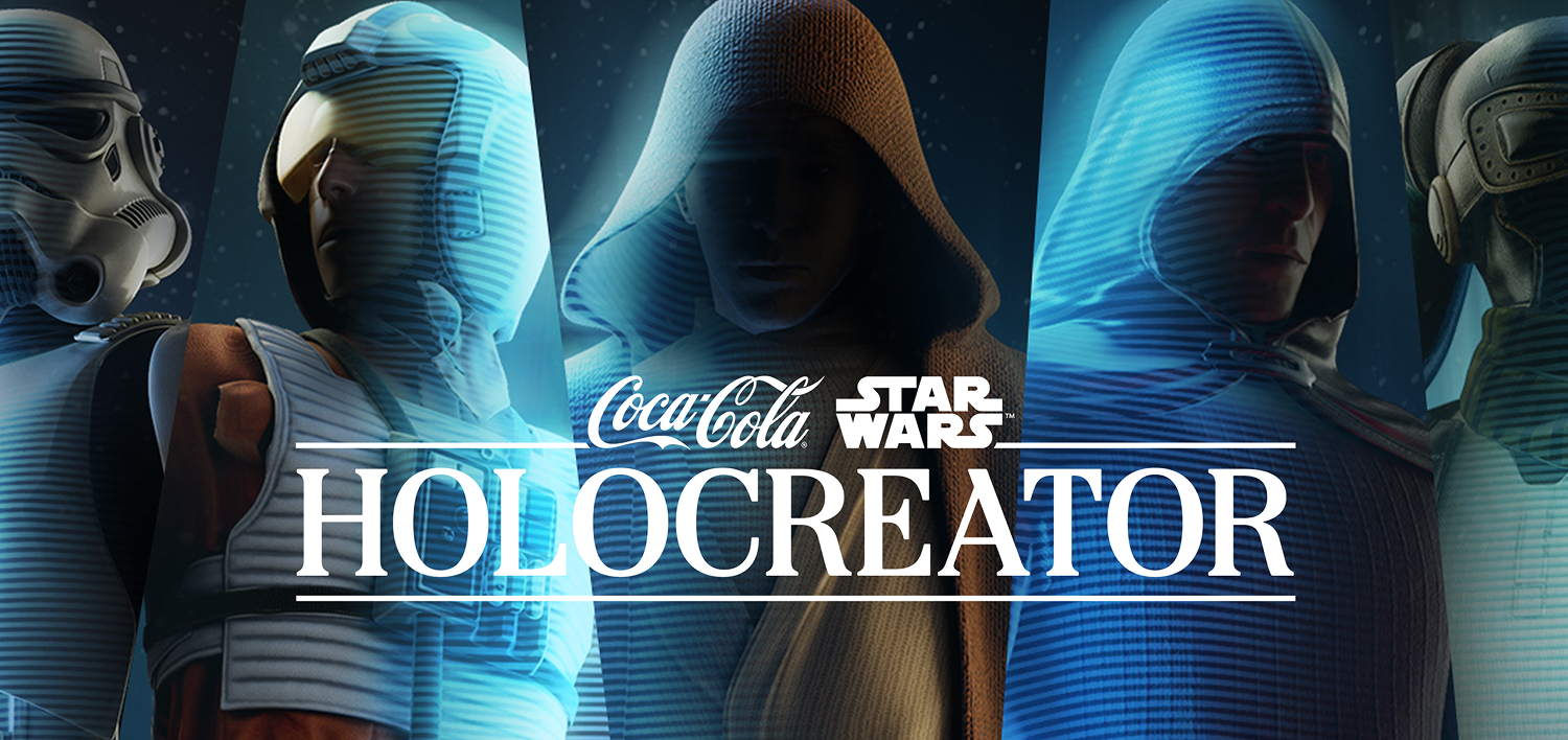 Five Star Wars archetypes headshots with holographic effect applied, with a Coca-Cola and Star Wars logo overlay.