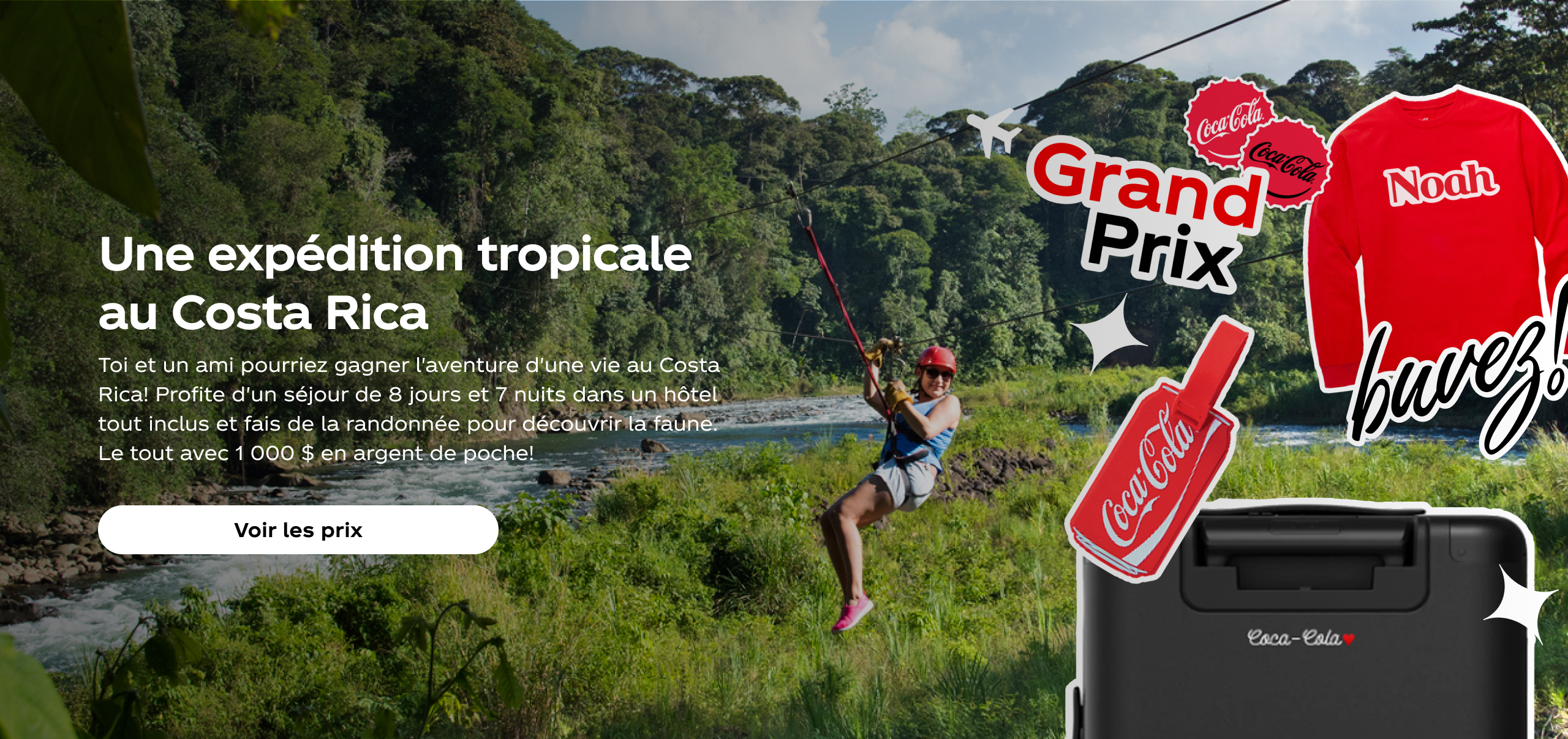 Share a Coke Prize Collection logo on a bright red background with floating stickers that say Ice Cold, Enjoy and Real Magic.