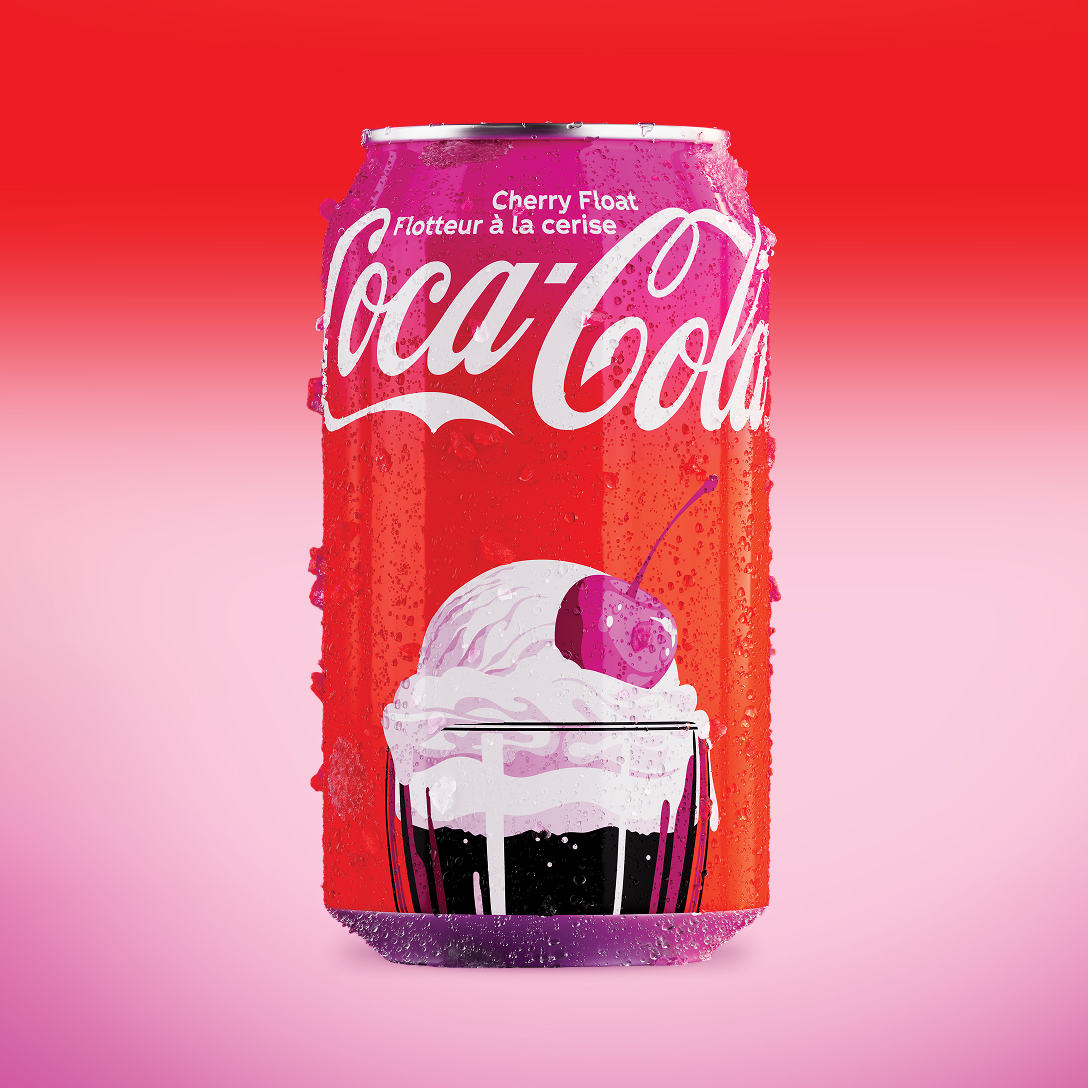 Canette de Coca-Cola Flotteur à la cerise sur un fond dégradé rouge et rose, illustrée d'un flotteur à la crème glacée surmonté d'une cerise.