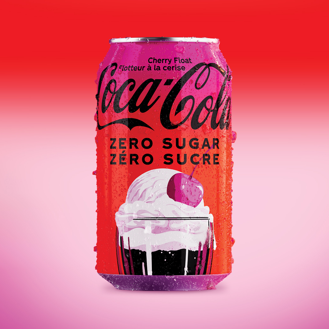 Canette de Coca-Cola Flotteur à la cerise, Zéro sucre, sur un fond dégradé rouge et rose, illustrée d'un flotteur à la crème glacée surmonté d'une cerise.