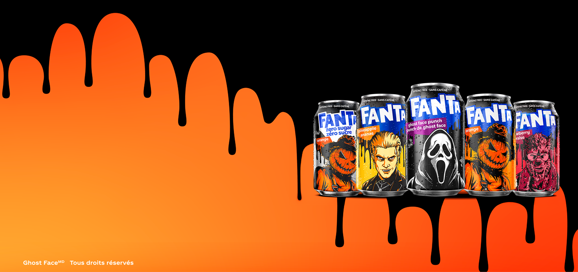 Canettes de Fanta d’Halloween en édition limitée de la collection hantée, avec les saveurs Fanta orange, Fanta raisin, Fanta exotique, Fanta ananas et Fanta baies.