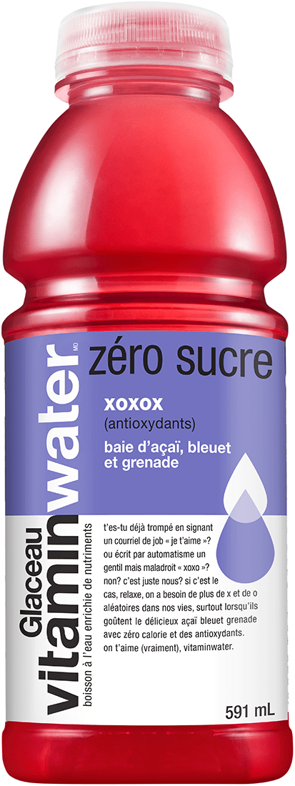 vitaminwater zéro sucre xoxox (antioxydants) baie d'açaï, bleuet et grenade 591 mL bouteille