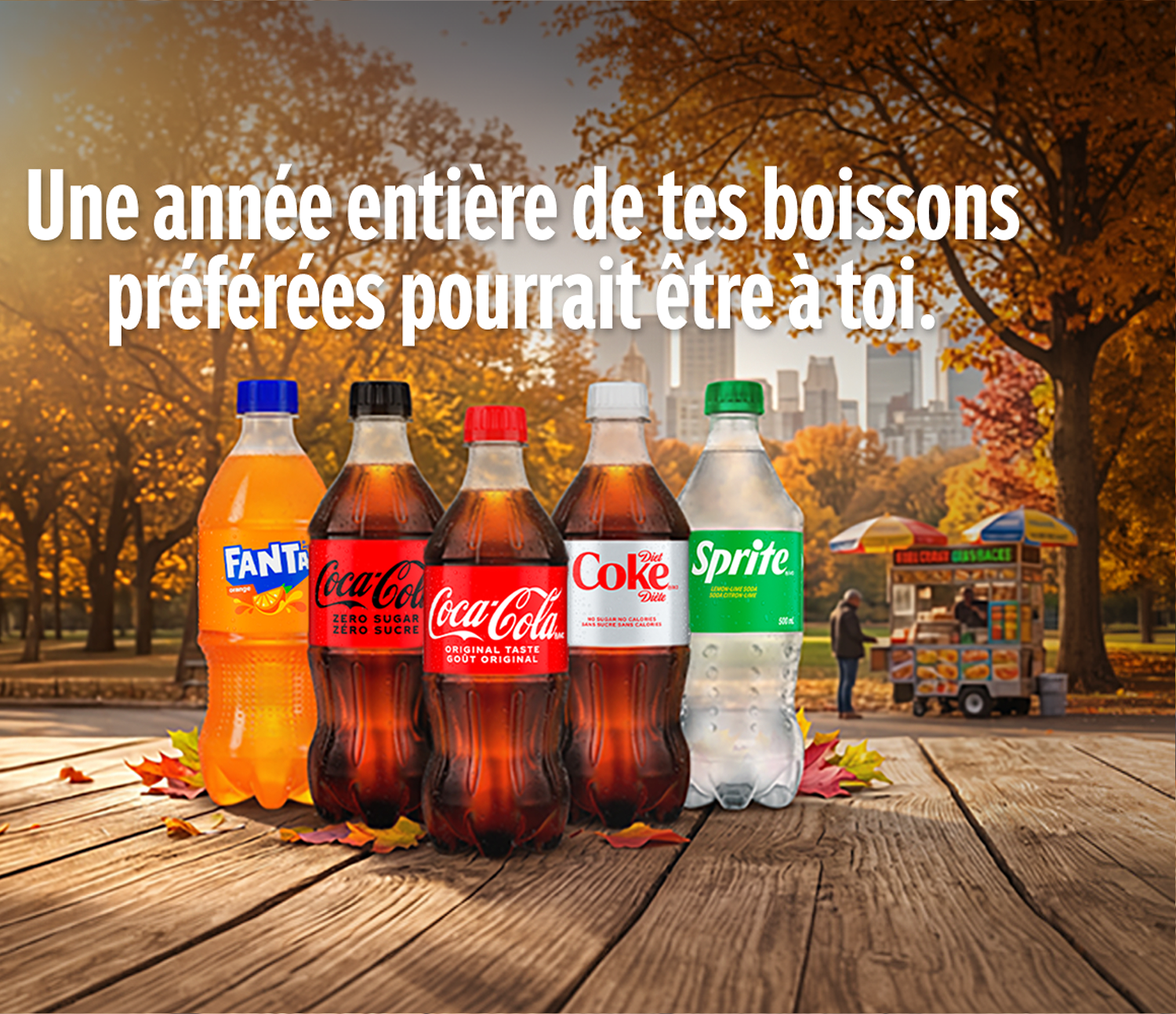 Bouteilles Coca-Cola sur une table d'automne promouvant un concours pour gagner un an de boissons favorites.