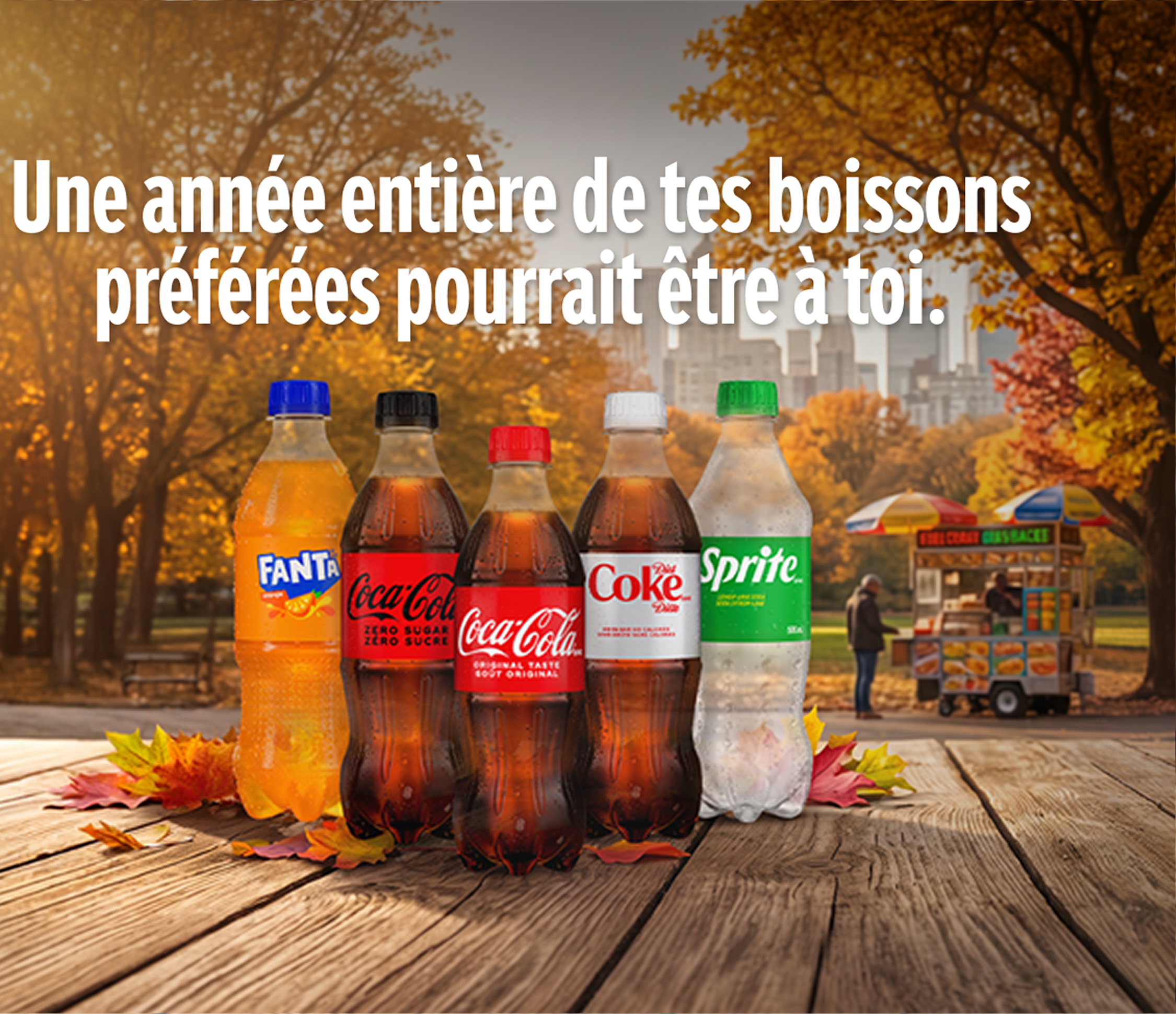 Bouteilles Coca-Cola sur une table d'automne promouvant un concours pour gagner un an de boissons favorites.