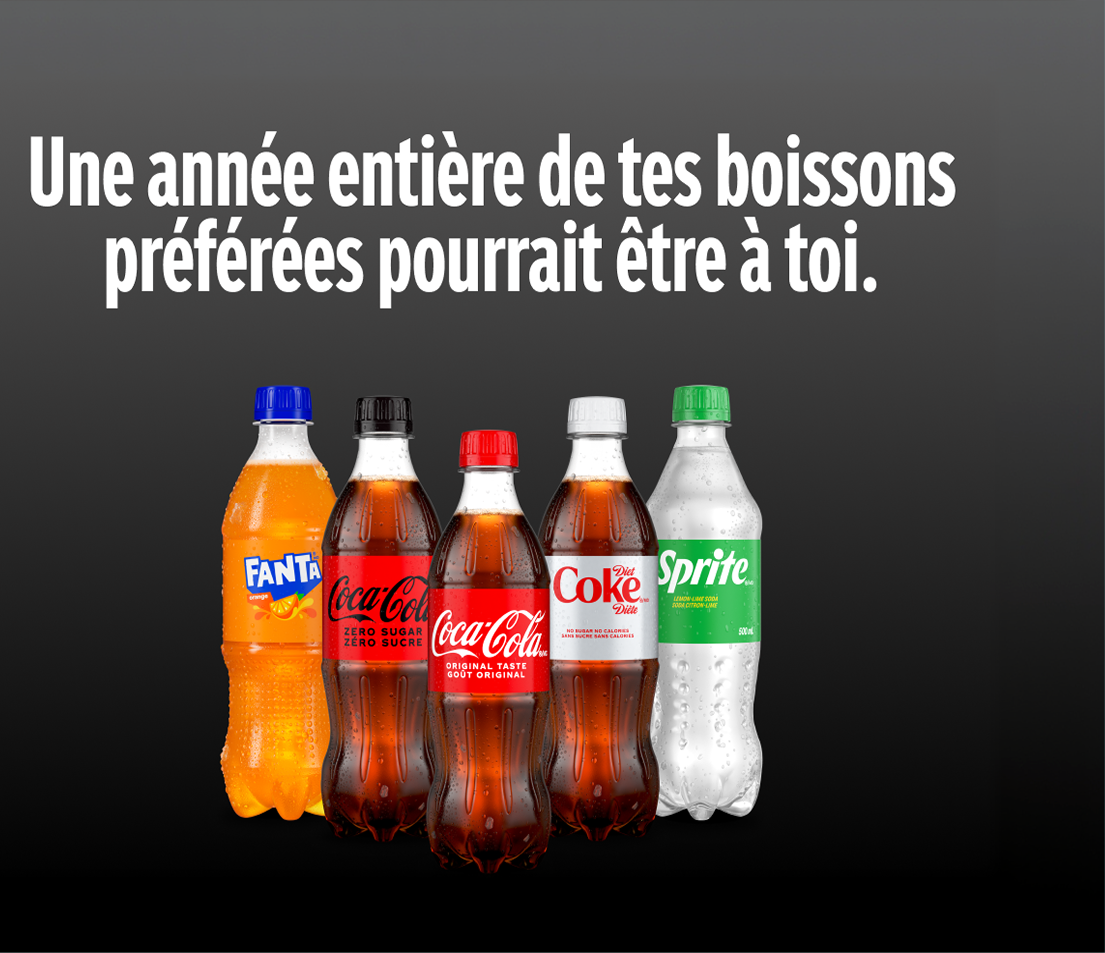 Cinq bouteilles Coca-Cola, Sprite et Fanta sous le texte Une année entière de tes boissons préférées pourrait être à toi.