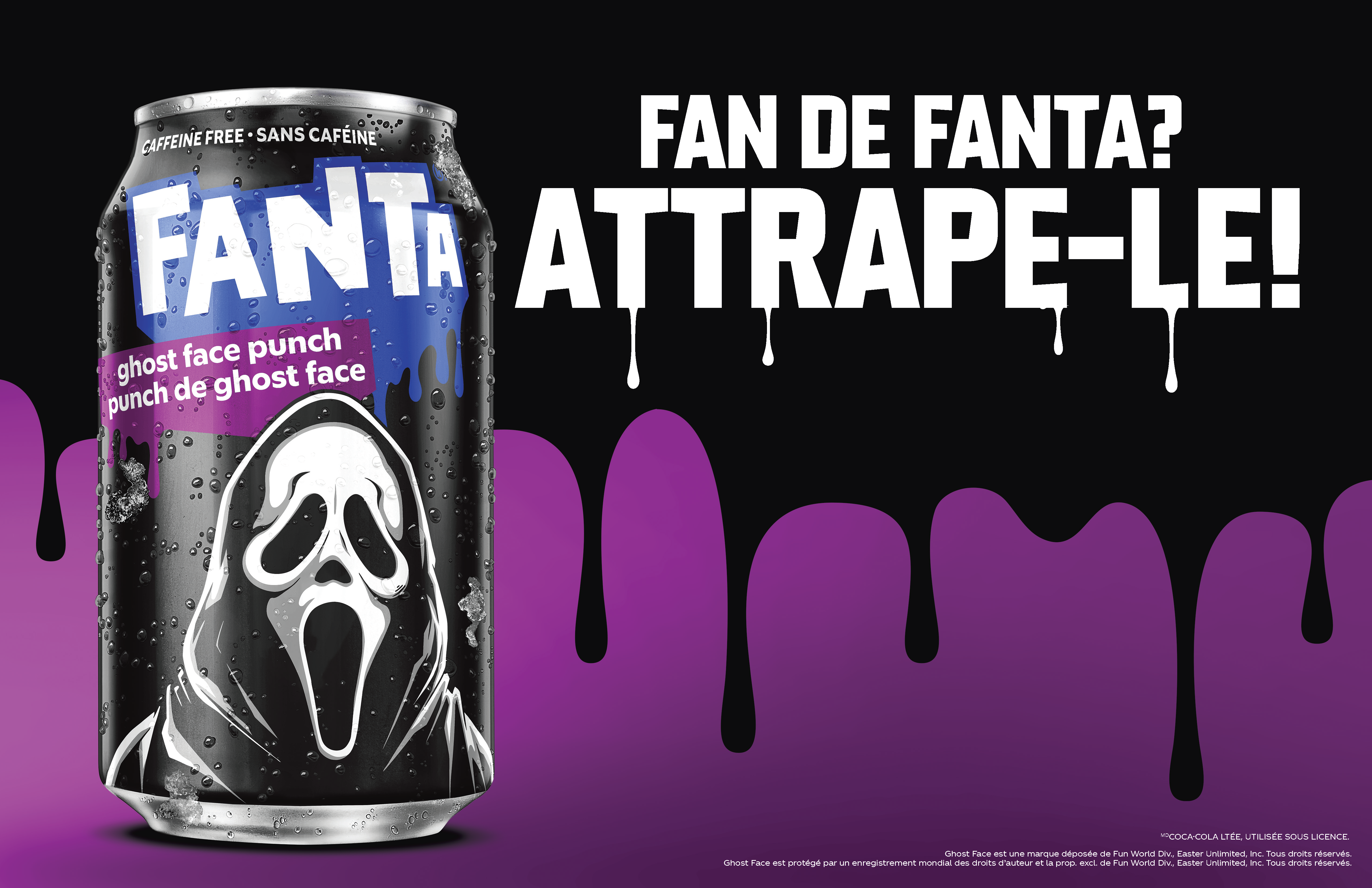 Bannière promo Fanta Halloween avec la canette Ghost Face Punch et le texte Fan de Fanta Attrape-le sur fond violet.