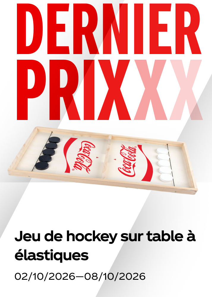 Un jeu de hockey sur table en bois affiché comme offre passée pour la promo de hockey Coca-Cola.