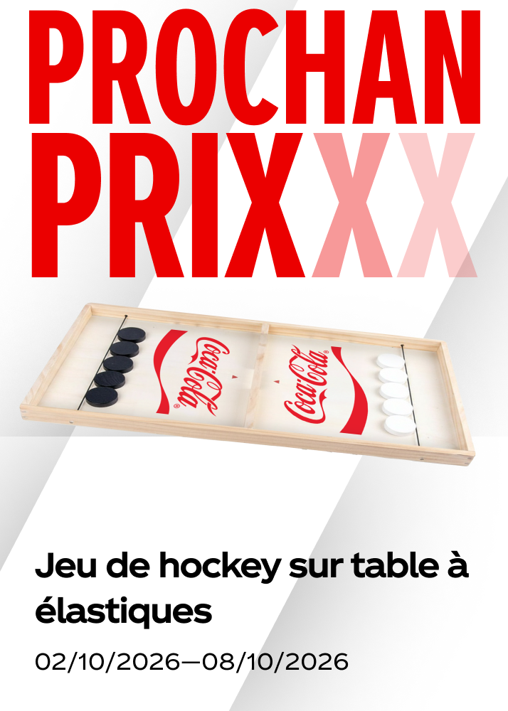Tuile promotionnelle annonçant un jeu de hockey sur table à élastiques Coca-Cola.