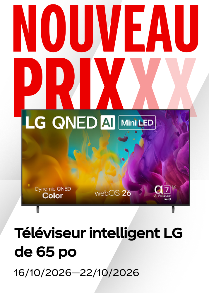 Un téléviseur intelligent LG QNED de 65 pouces présenté comme offre en direct de la promo de hockey.
