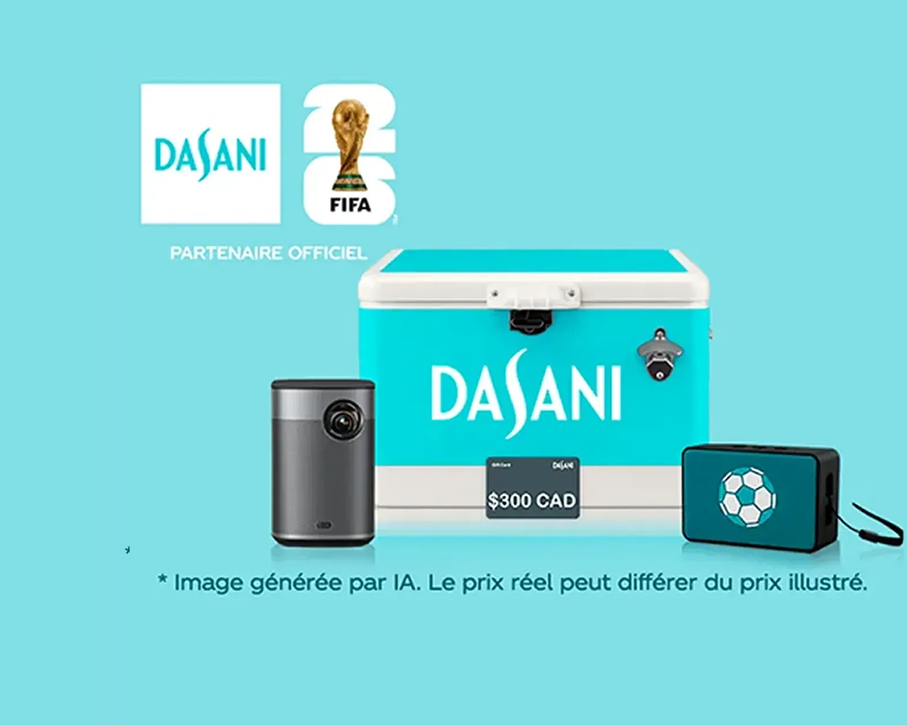 Glacière turquoise Dasani avec carte‑cadeau 300 CAD, projecteur gris et haut‑parleur turquoise à icône de ballon sur fond bleu pâle avec logos.