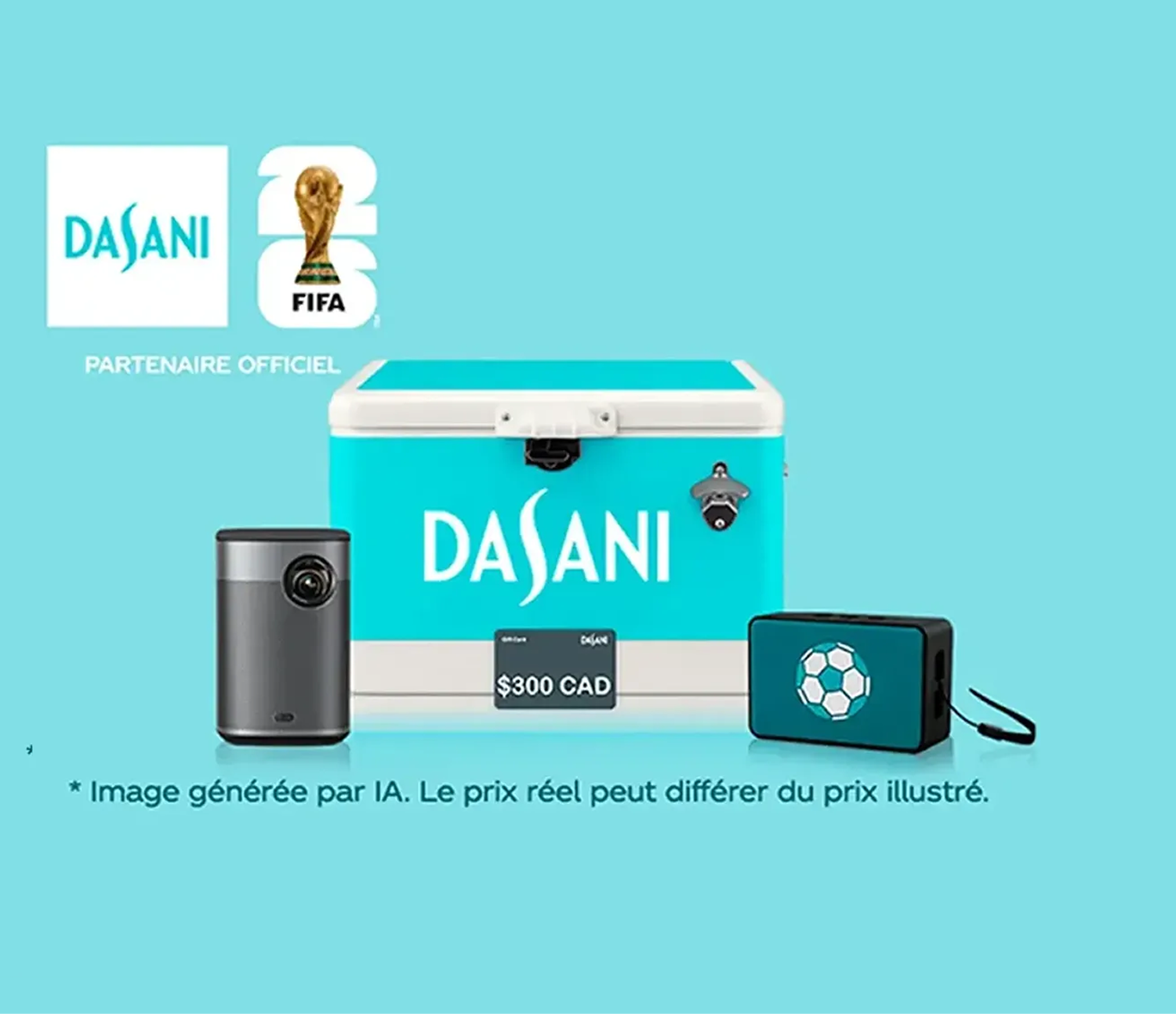 Un lot de prix Dasani pour un concours de soccer, comprenant une glacière, un projecteur, un haut-parleur et une carte-cadeau de 300 $.