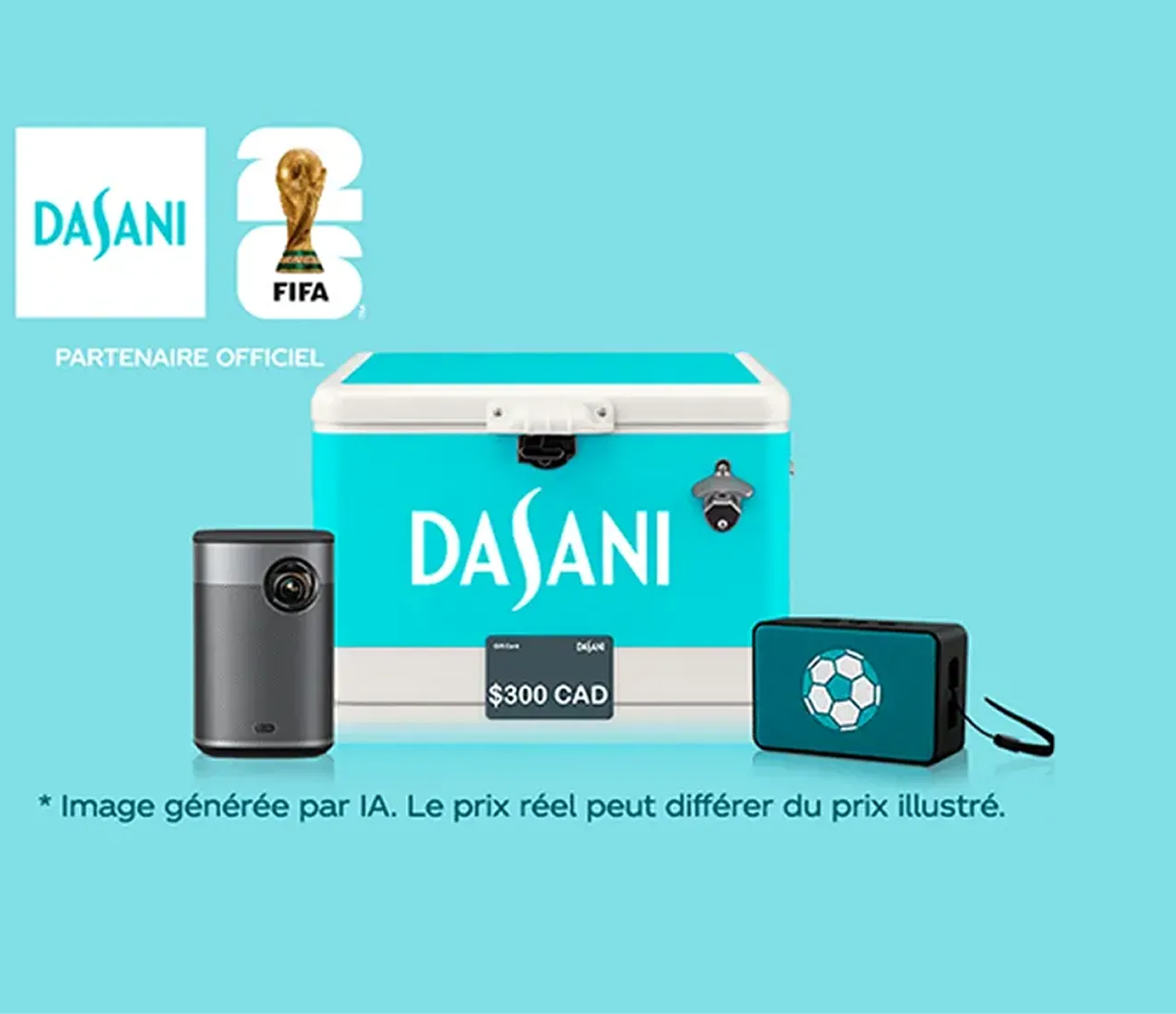 Glacière turquoise Dasani avec carte‑cadeau 300 CAD, projecteur gris et haut‑parleur turquoise à icône de ballon sur fond bleu pâle avec logos.