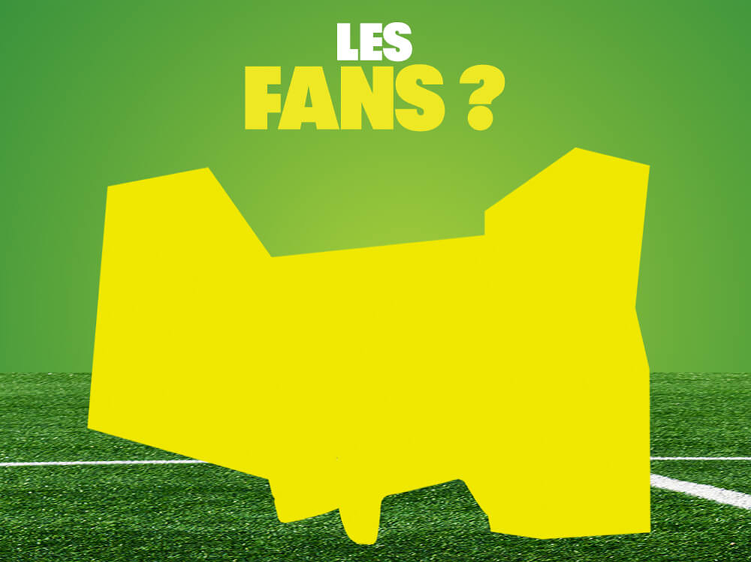 Tuile Fuzeballer semaine 5 montrant silhouette ronde jaune de fans mystères sur terrain de soccer sous grand titre « LES FANS ? ».