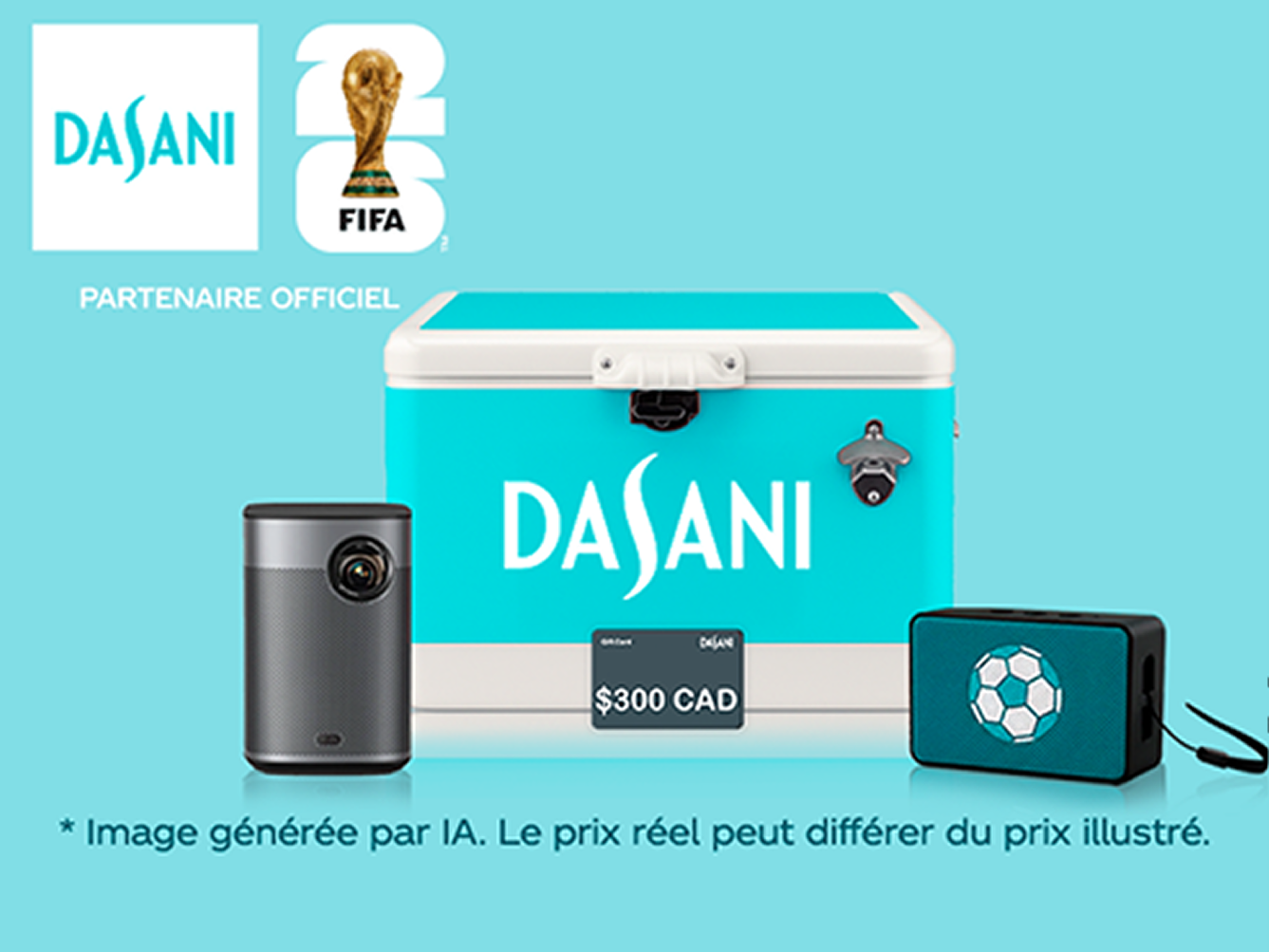 Prix Dasani FIFA avec glacière turquoise, mini projecteur, haut-parleur ballon et carte-cadeau 300 $ CAD sur fond bleu