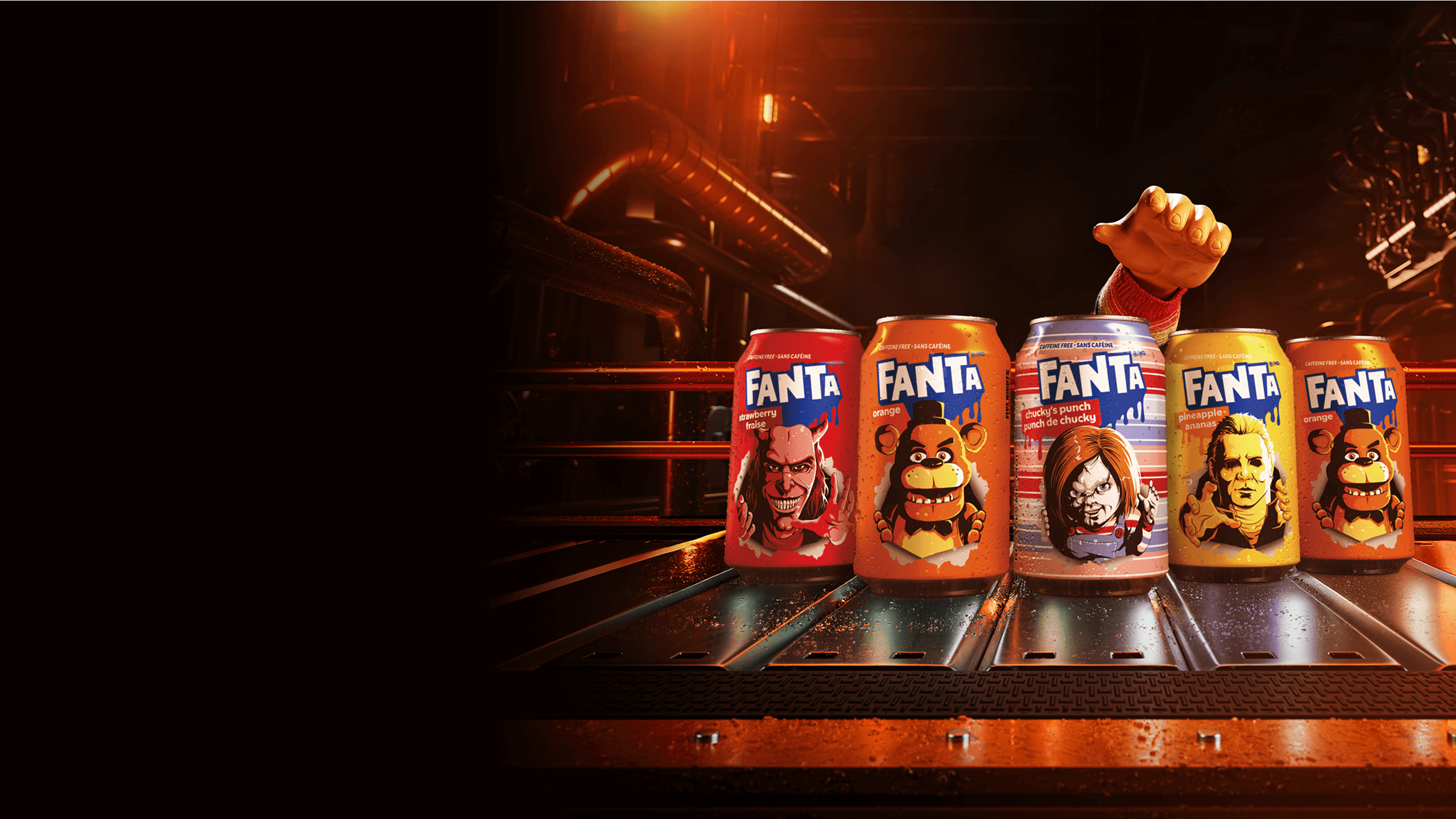 The hand of chucky from child's play reaching for the new chucky flavoured fanta can