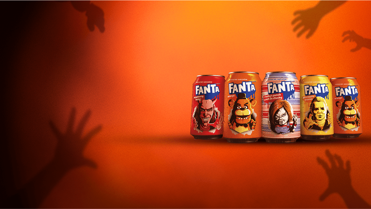 Set of Fanta cans with images of the characters Chucky, Freddy Fazbear, Michael Myers and The Grabber featured on them.