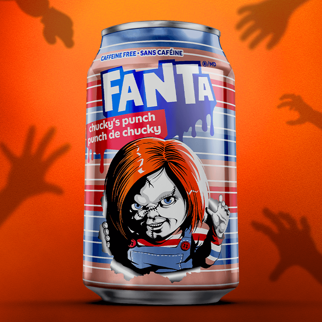 Fanta mixed Berry punch can with Chucky image featured on the front
