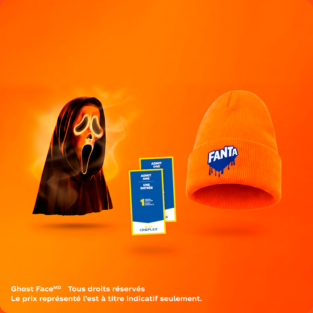 Les prix constitués du masque Ghost Face, des billets de cinéma et de la tuque Fanta sur fond orange