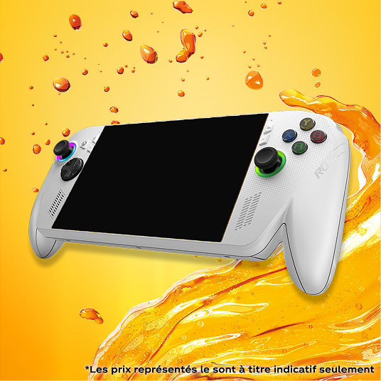 Une manette Xbox sans fil avec un présentoir montrant le ROG Xbox Ally sur un fond liquide orange Fanta.