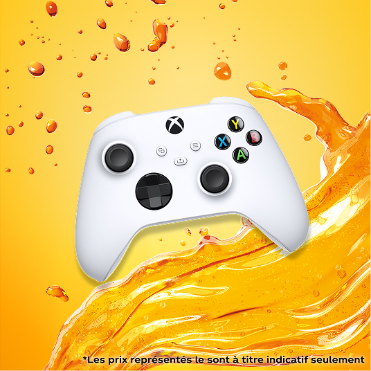 Une manette Xbox sans fil avec un présentoir montrant le ROG Xbox Ally sur un fond liquide orange Fanta.