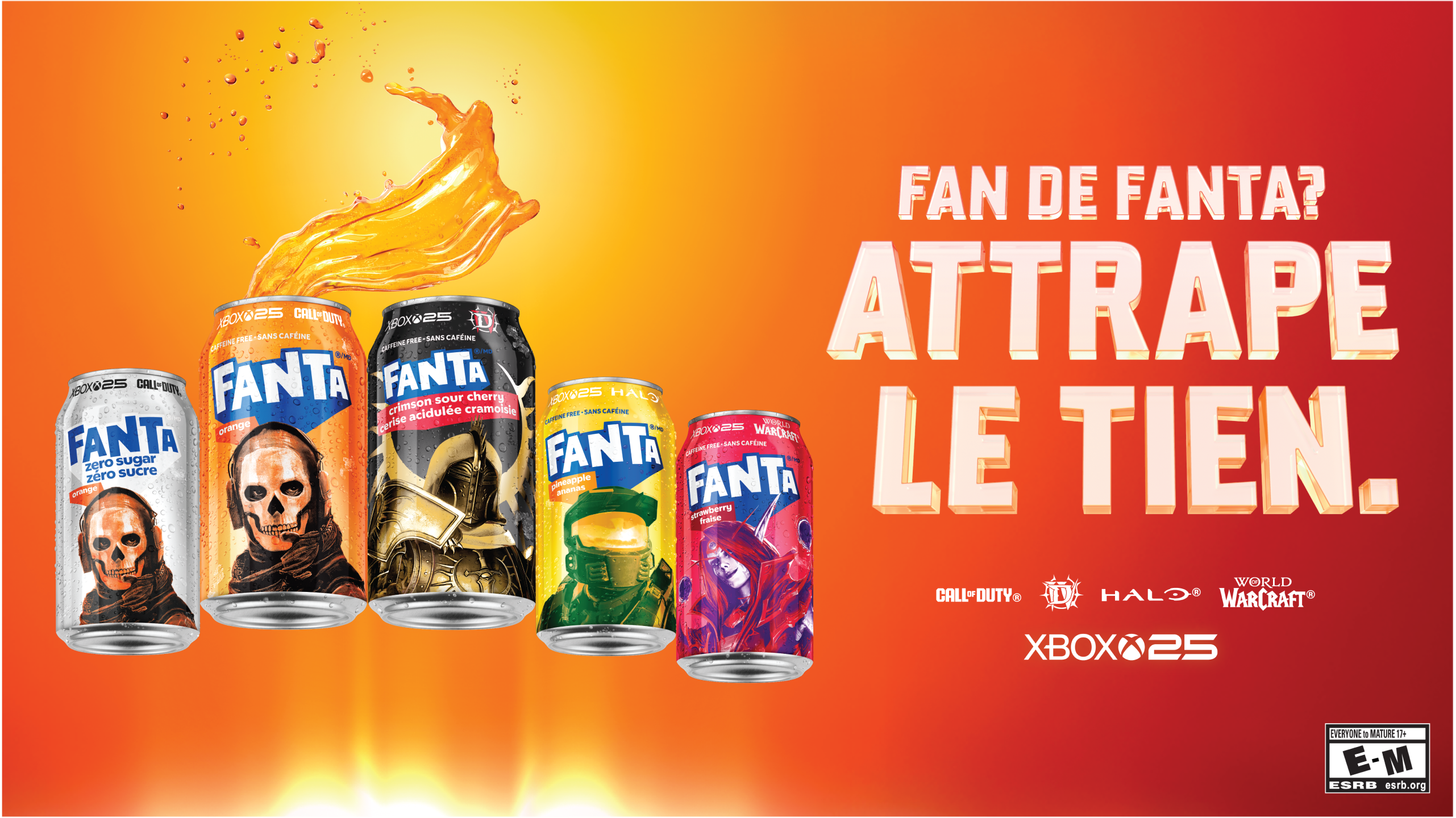 La collection Fanta Xbox comprend des canettes avec des personnages de Call of Duty, de Diablo IV, de Halo et de World of Warcraft. Le texte se lit comme suit : « Tu veux un Fanta? Viens le chercher. » Classification ESRB : de « ENFANTS et ADULTES » à « JEUNES ADULTES 17+ ».
