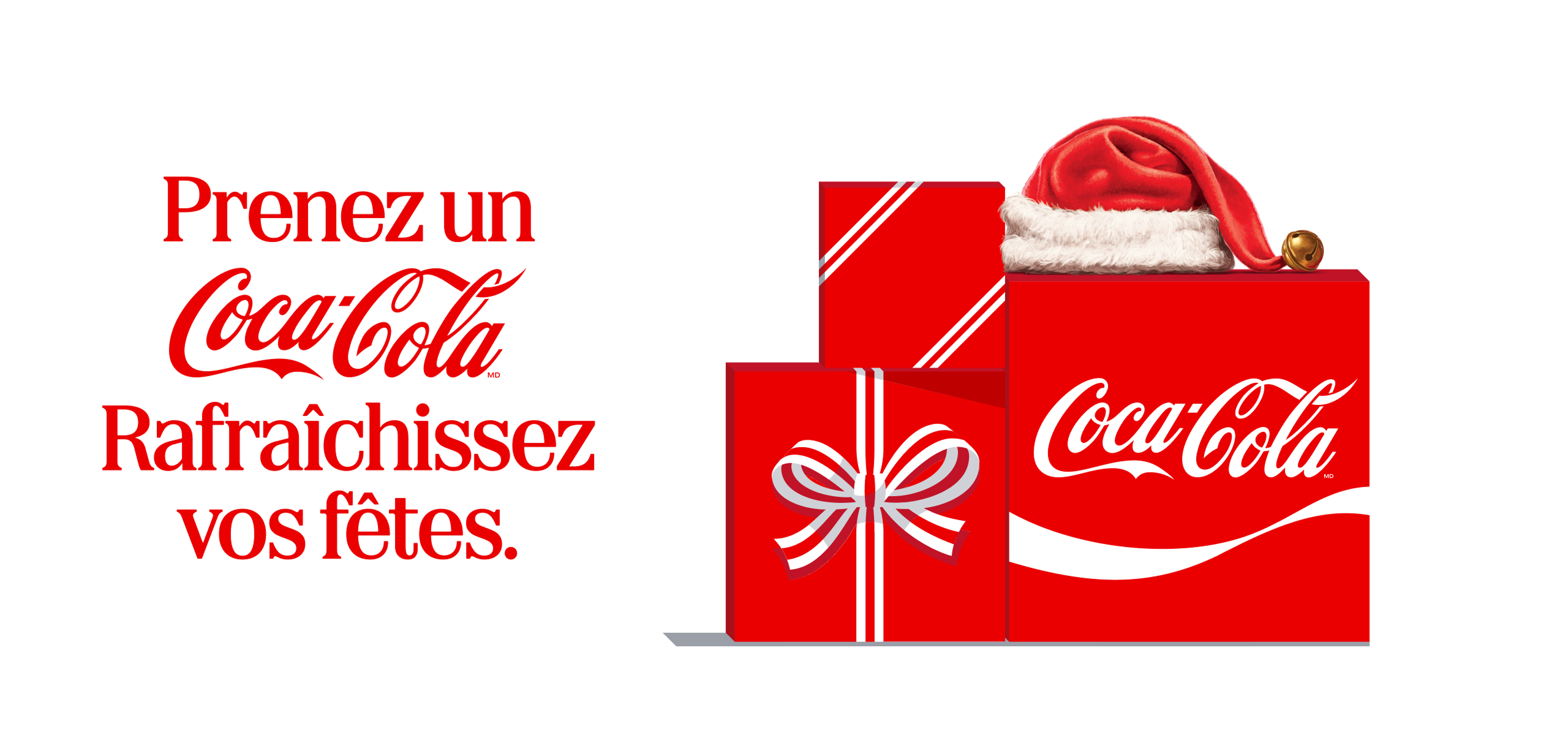 À gauche, sur fond blanc, un texte rouge indique « Prenez un Coca-Cola. Rafraîchissez vos fêtes. » À droite, trois boîtes-cadeaux rouges sont empilées, l'une avec une boucle blanche et l'autre avec le logo Coca-Cola, et une tuque de père Noël munie d'un grelot doré est posée sur le dessus.