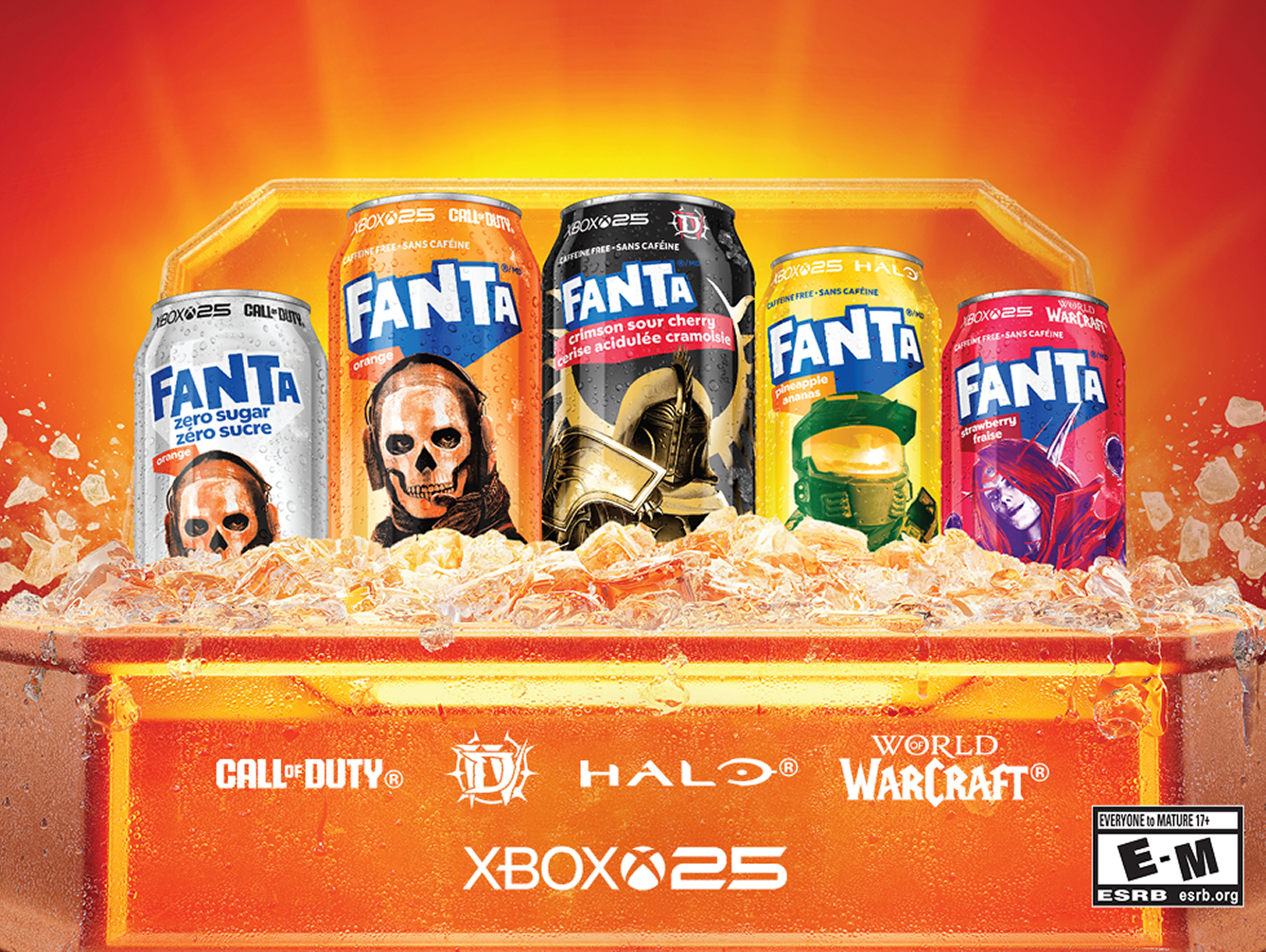 Canettes Fanta en édition jeu Xbox posées dans une glacière orange remplie de glace sur un fond orange lumineux.